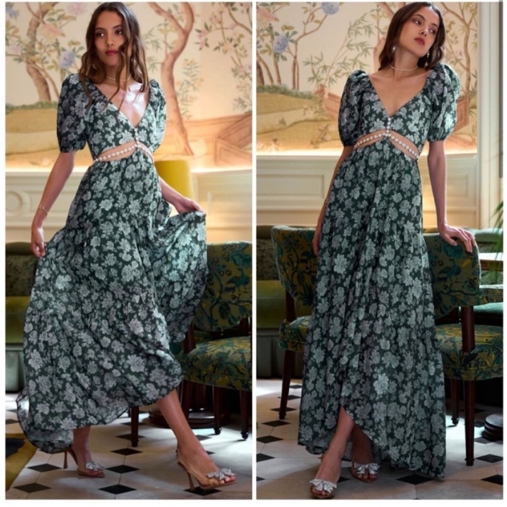 V Chapman The Emma Dress In‎ Emerald Peony Floral Green Maxi Cut Out Size 8
